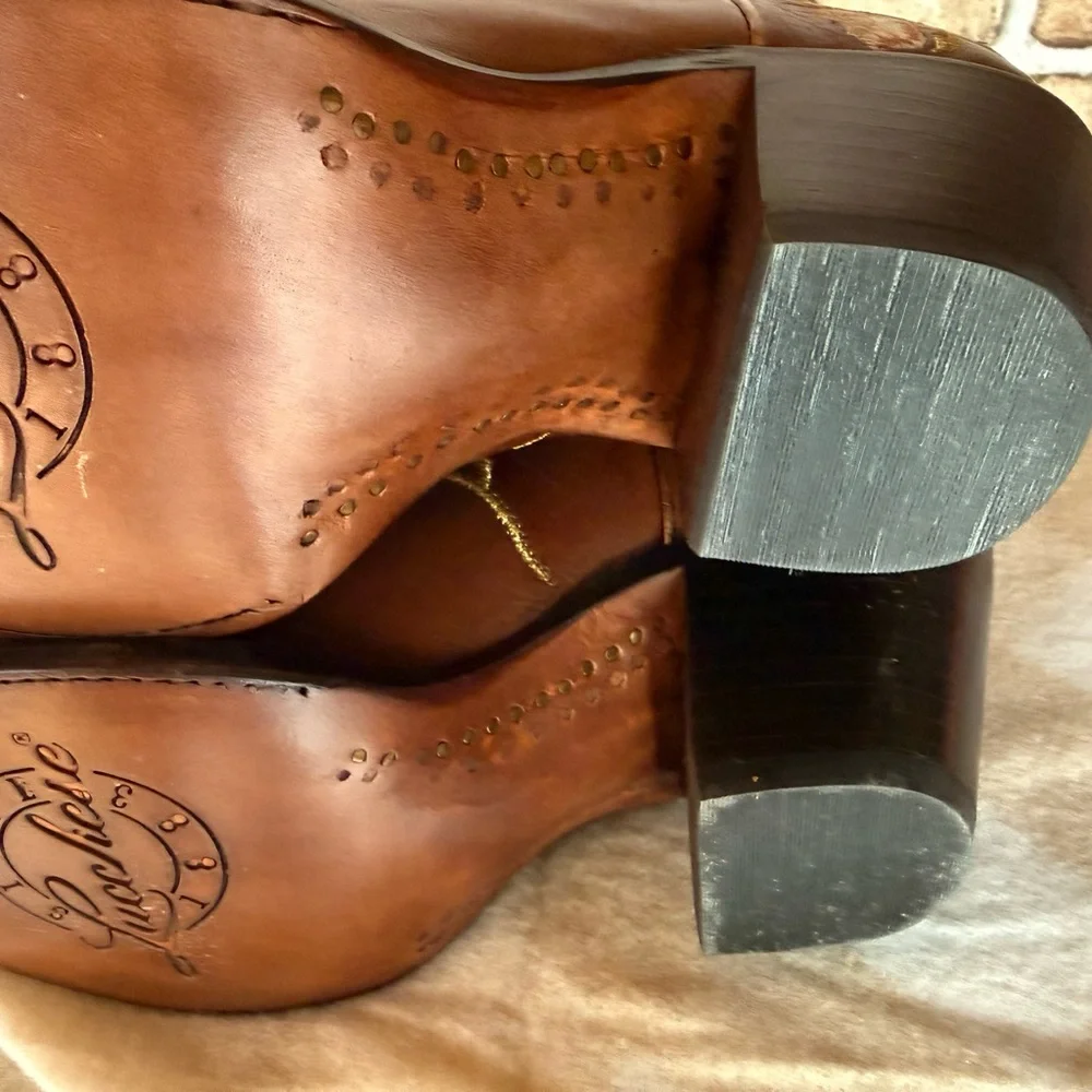 Lucchese Tan Floral Embroidered Heeled Boots NEW - Picture 6 of 9